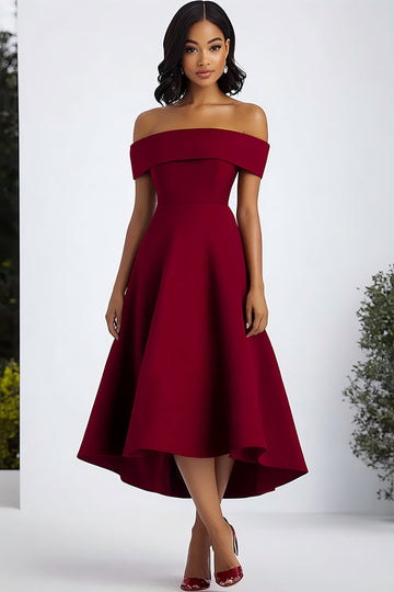 Burgundy A Line Off The Shoulder Midi Satin Formal Dress